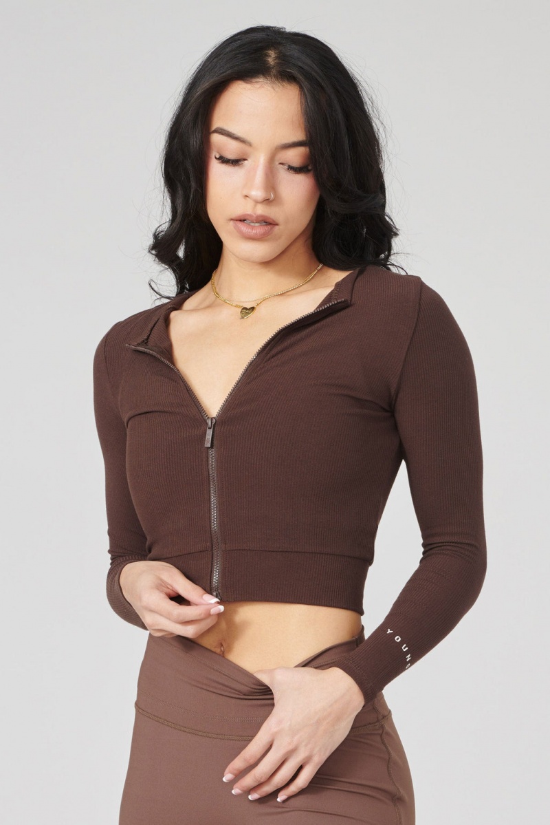 Women\'s YoungLA W418 Dual Zip Long sleeve Tops Brown | 056-TQRXGE