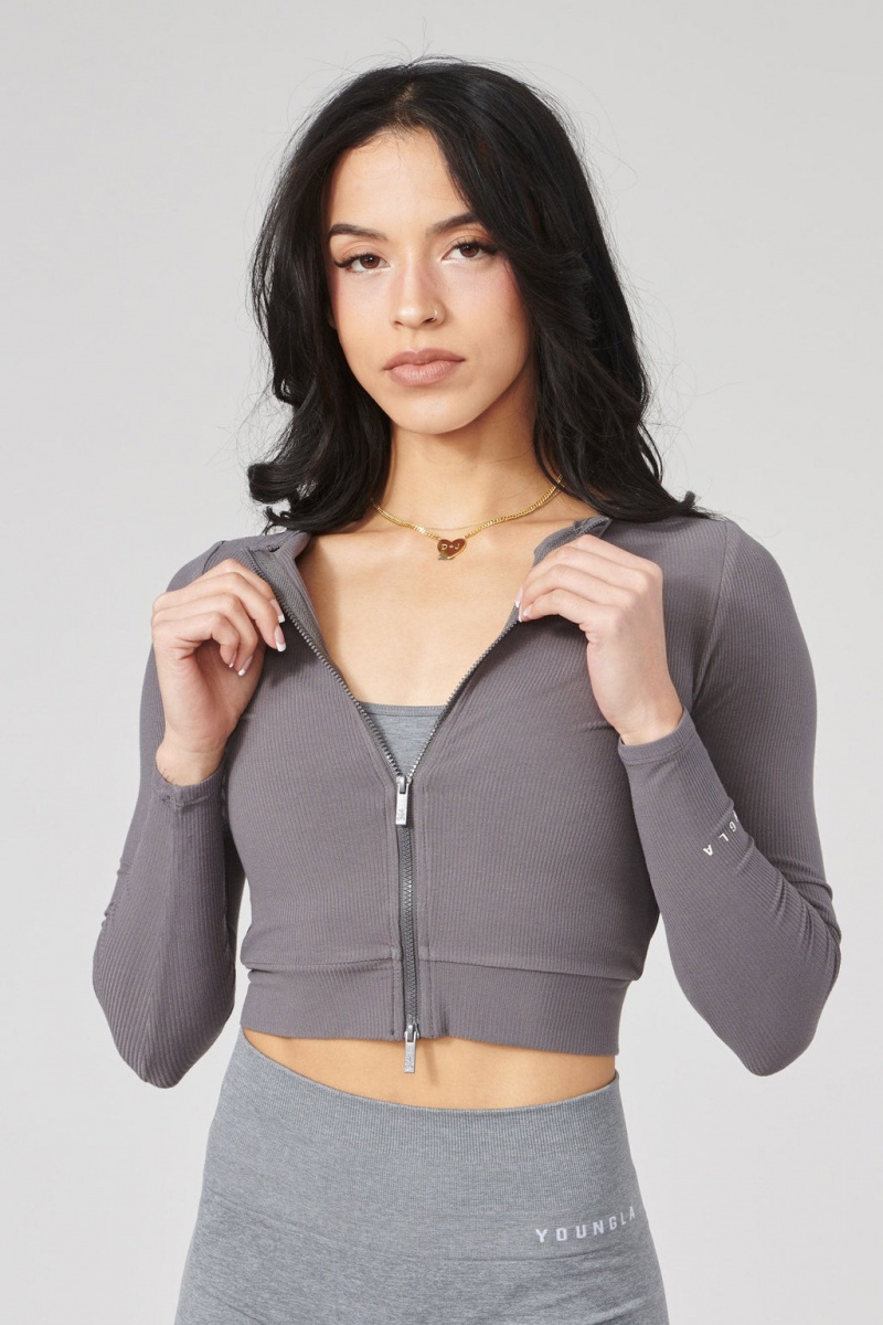 Women\'s YoungLA W418 Dual Zip Long sleeve Tops Grey | 786-QCWDTP