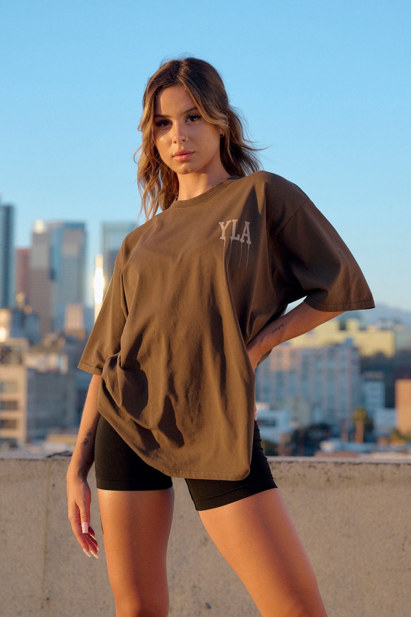 Women's YoungLA W428 - Drip Oversized Tops Brown | 156-GMHOYQ