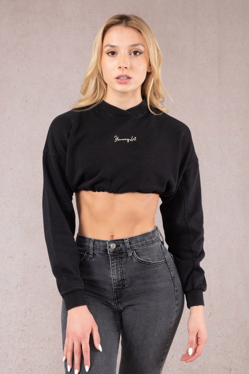 Women\'s YoungLA W507 Scrunch Cropped Sweatshirt Black | 193-PRHLQK