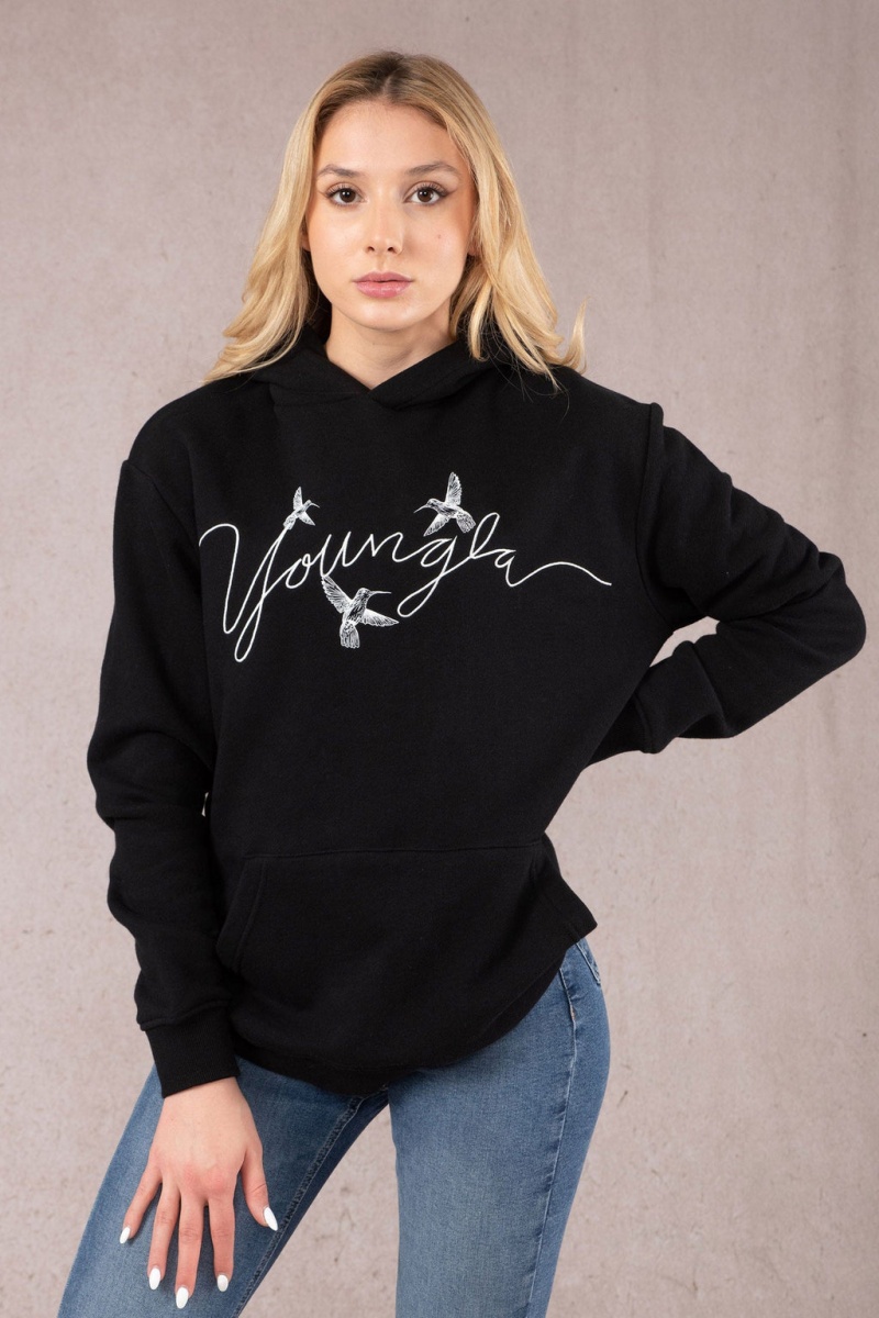 Women\'s YoungLA W509 Hummingbird Oversized Hoodie Black | 845-RSHJWO